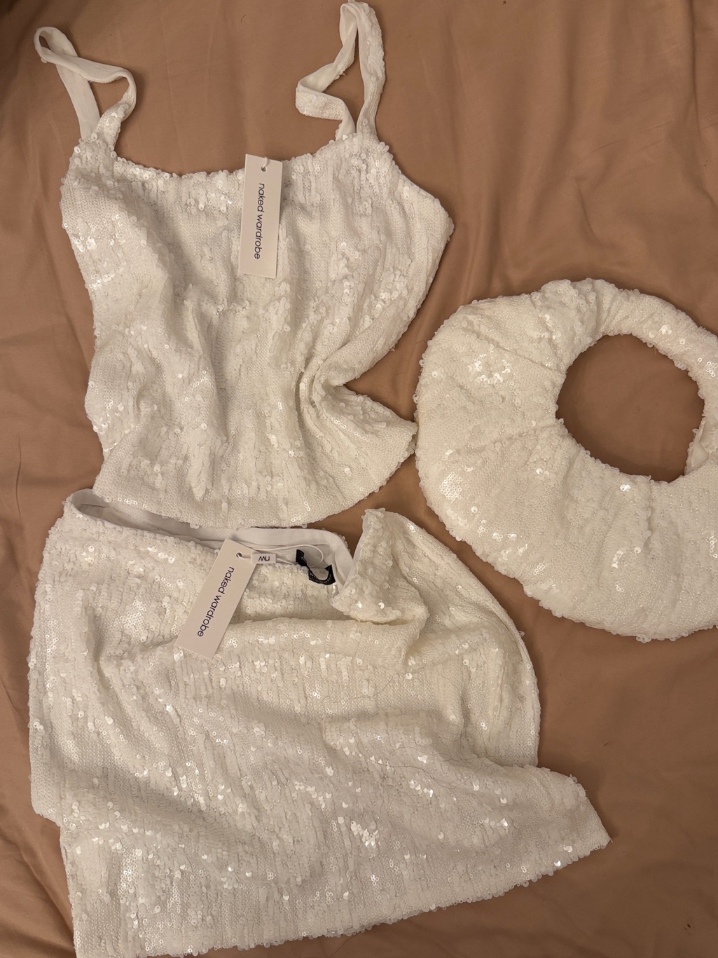 White Sequin Two-Piece Crop Top & Skirt Set With Coordinating Circle Bag